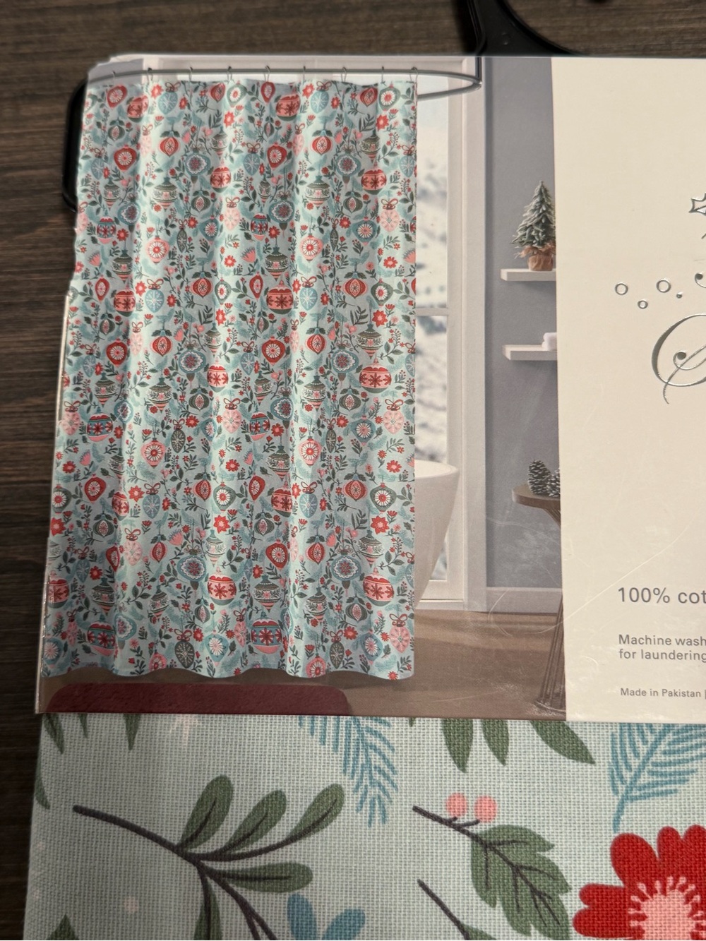 Tis the Season Holiday Ornament Shower Curtain - Light Blue, Red & Green NWT
